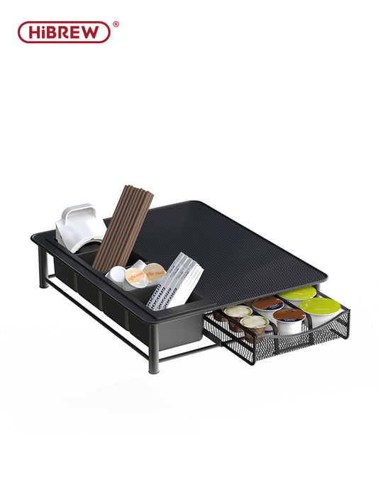 HiBREW capsule organizer with a raised platform and pull-out storage drawer; coffee machine and capsules are not included.