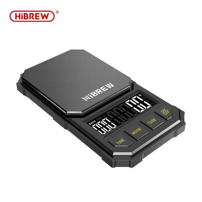 HiBREW black 1000g coffee scale with four buttons and separate weight and timer displays