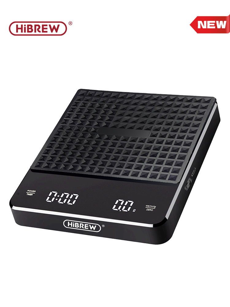 HiBREW black weighing and countdown coffee scale; scene props are not included.