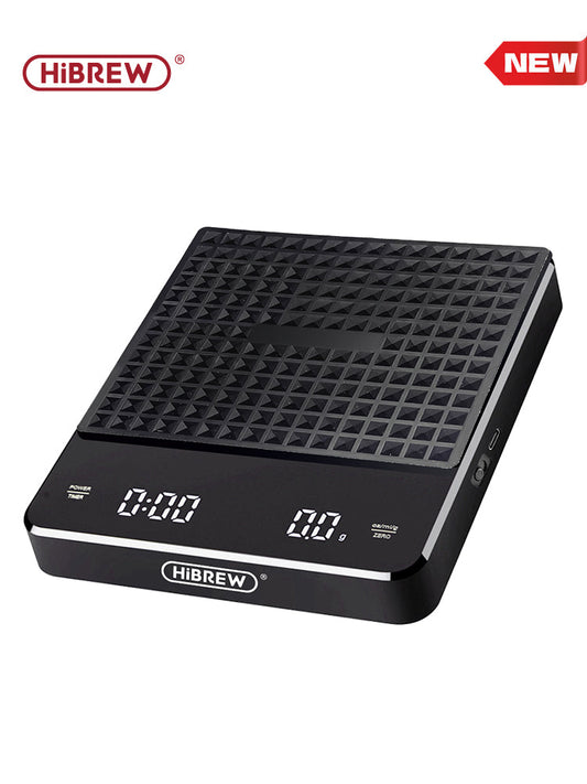 HiBREW black weighing and countdown coffee scale; scene props are not included.