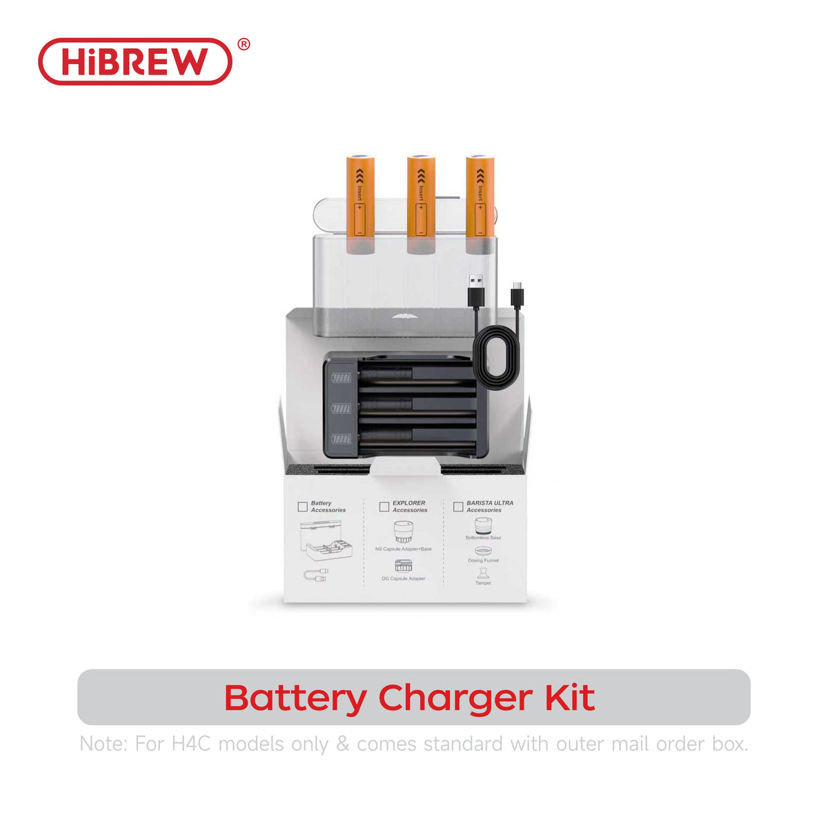 HiBREW H4C three-battery and charger kit shown with the charging accessories