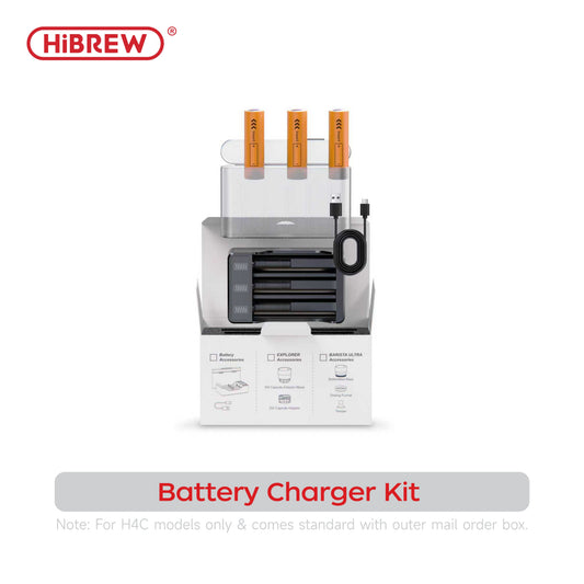 HiBREW H4C three-battery and charger kit shown with the charging accessories