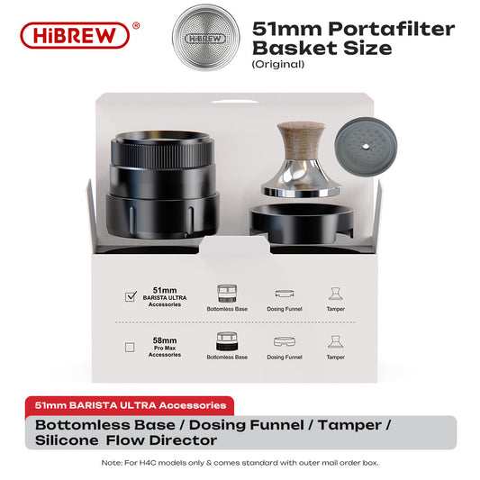 HiBREW H4C 51 mm bottomless adapter kit with base, dosing funnel, tamper and silicone flow director