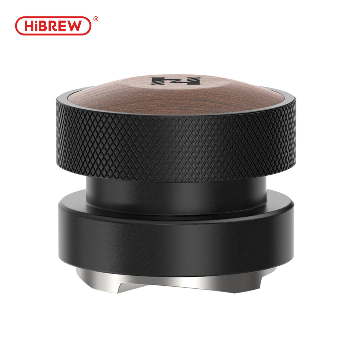 HiBREW Master 58 mm coffee distributor with wooden top, black grip and four-blade steel base