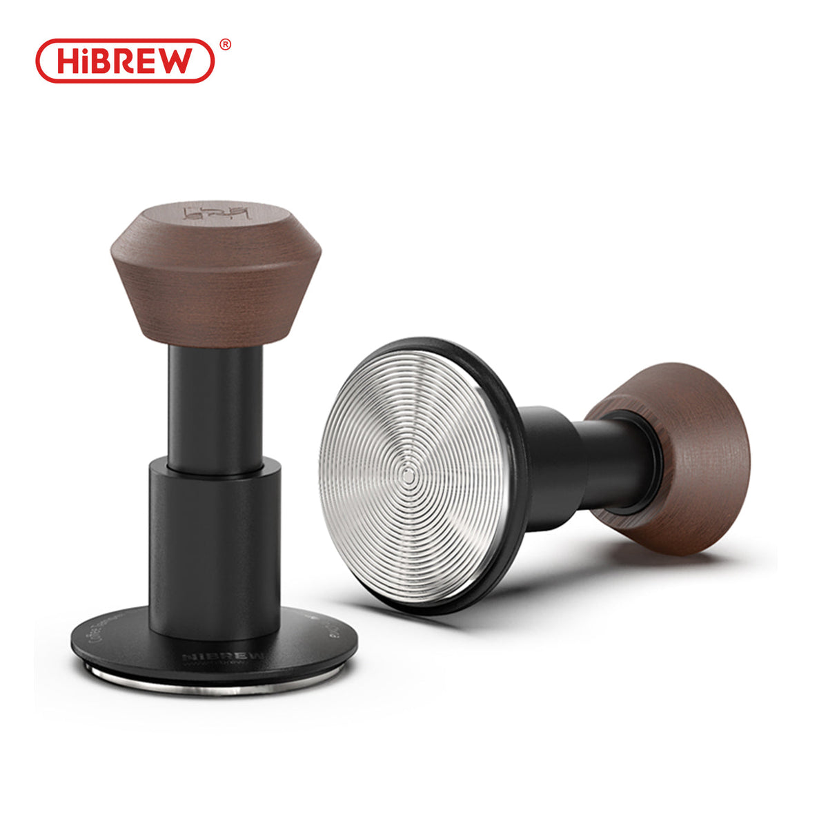 HiBREW Master 58 mm tamper with wooden handle, black body and grooved stainless-steel base