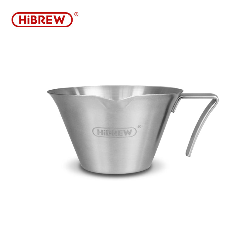 HiBREW 100 ml stainless steel espresso measuring pitcher with open-end handle.