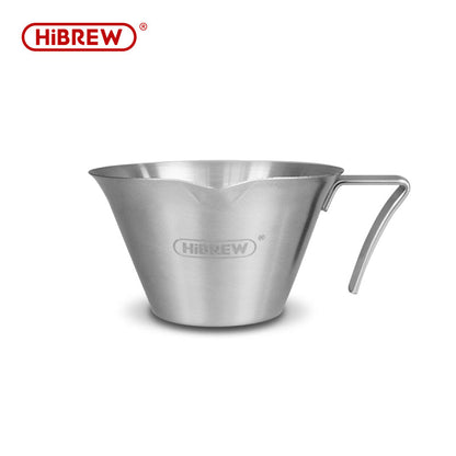 HiBREW 100 ml stainless steel espresso measuring pitcher with open-end handle.