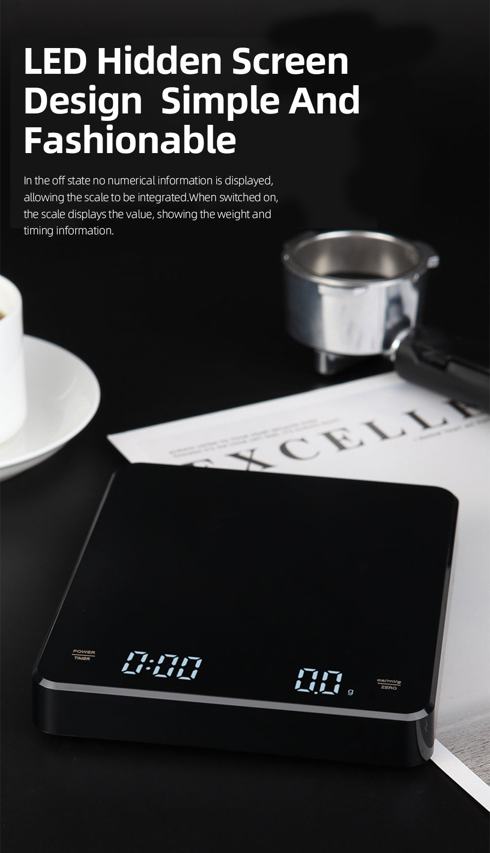 HiBREW Weighing and Countdown Coffee Scale — empty platform on a preparation counter. Scene props are not included unless quoted.