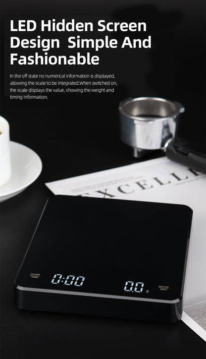 HiBREW Weighing and Countdown Coffee Scale — empty platform on a preparation counter. Scene props are not included unless quoted.