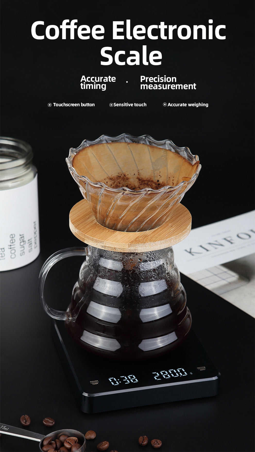 HiBREW Weighing and Countdown Coffee Scale — pour-over server demonstration. Scene props are not included unless quoted.