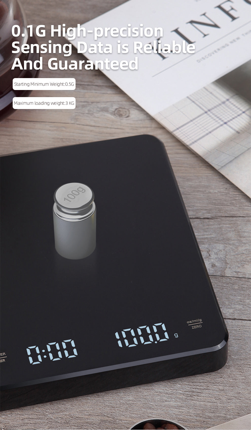 HiBREW Weighing and Countdown Coffee Scale — calibration-weight demonstration. Scene props are not included unless quoted.