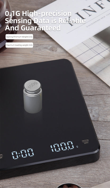 HiBREW Weighing and Countdown Coffee Scale — calibration-weight demonstration. Scene props are not included unless quoted.