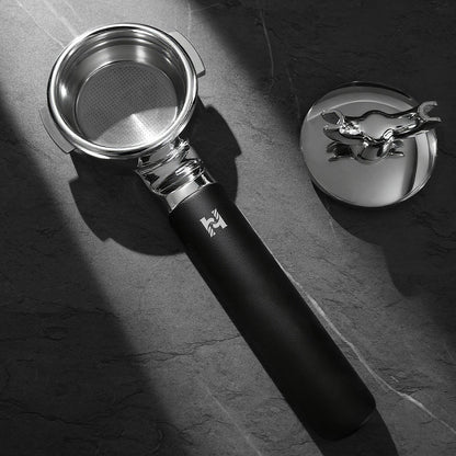 HiBREW H21 Magician 58mm Portafilter — basket view with detachable spout assembly beside the handle. Scene props are not included unless quoted.