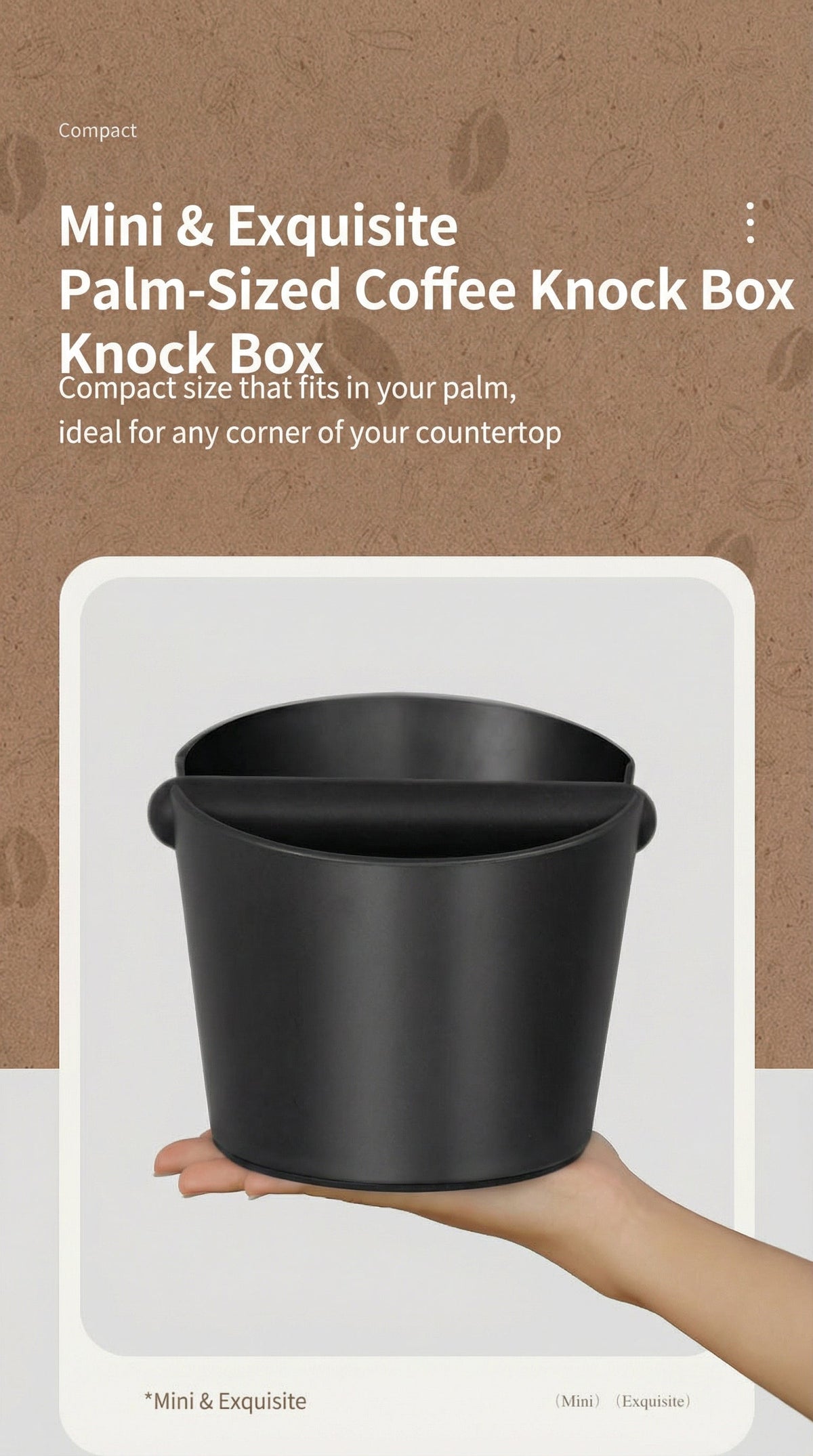 HiBREW Coffee Knock Box — hand-held view showing the bucket scale. Demonstration props are not included.