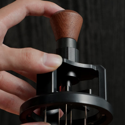 HiBREW Rotary 58mm WDT Tool — wooden grip and rotary shaft close-up. Demonstration props are not included.