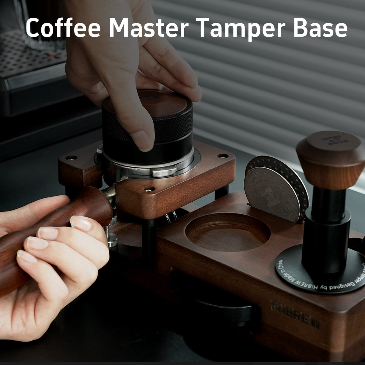 HiBREW Wood Tamping Station — portafilter handling demonstration with manufacturer caption. Demonstration props are not included.