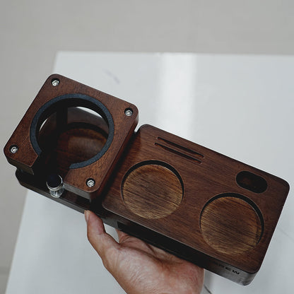 HiBREW Wood Tamping Station — hand-held top view of the empty station. Demonstration props are not included.