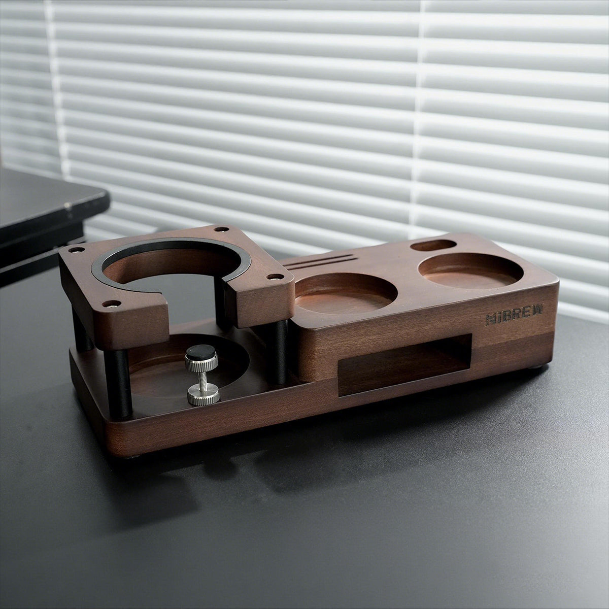 HiBREW Wood Tamping Station — empty station showing the height adjustment screw. Demonstration props are not included.