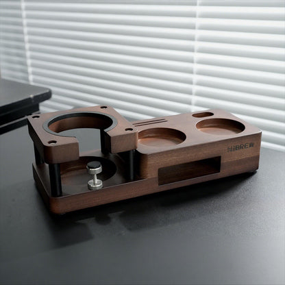 HiBREW Wood Tamping Station — empty station showing the height adjustment screw. Demonstration props are not included.