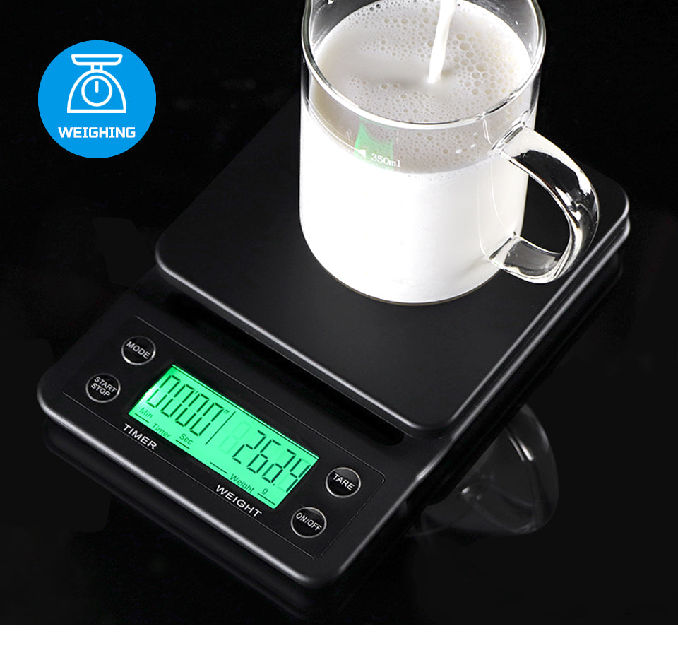 HiBREW 3000g Timer Coffee Scale — beverage cup on the uncovered platform. Scene props are not included unless quoted.