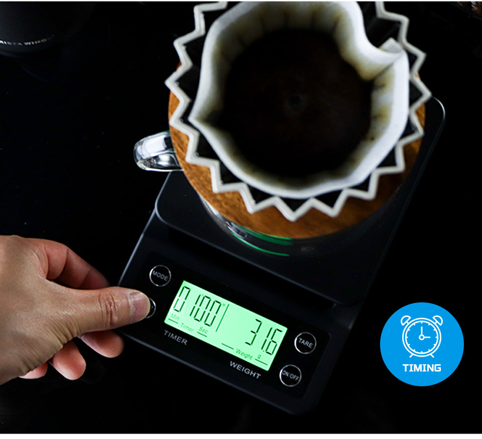 HiBREW 3000g Timer Coffee Scale — timer-button demonstration with a dripper. Scene props are not included unless quoted.