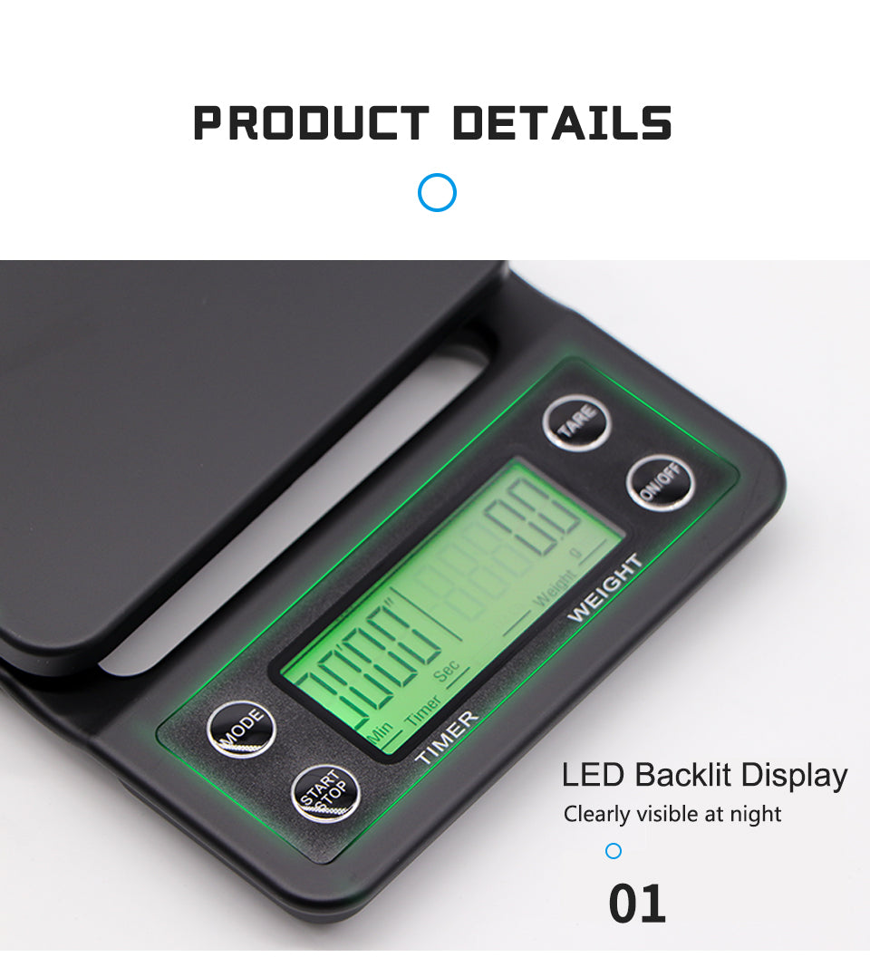 HiBREW 3000g Timer Coffee Scale — close view of the green backlit LCD and buttons. Scene props are not included unless quoted.