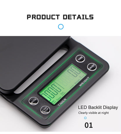 HiBREW 3000g Timer Coffee Scale — close view of the green backlit LCD and buttons. Scene props are not included unless quoted.
