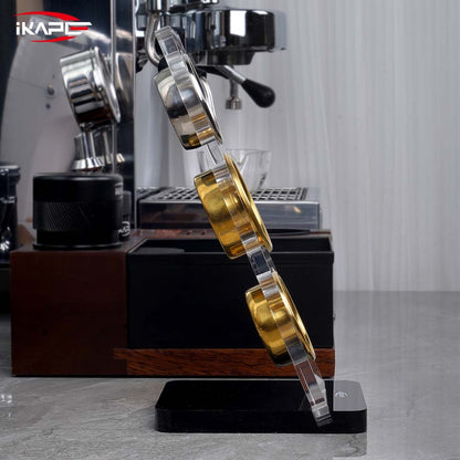 IKAPE three-position basket display stand, side view on a coffee counter