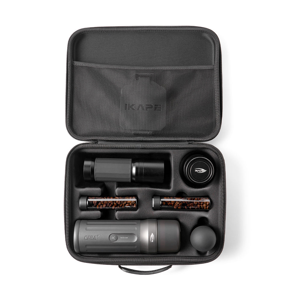 IKAPE black portable coffee carrying bag opened to show the upper mesh pocket and lower storage compartments; coffee tools sold separately