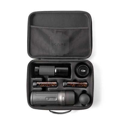 IKAPE black portable coffee carrying bag opened to show the upper mesh pocket and lower storage compartments; coffee tools sold separately