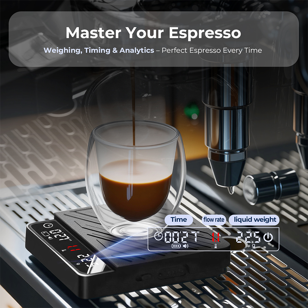 IKAPE SC35 espresso weighing setup; machine and cup shown separately