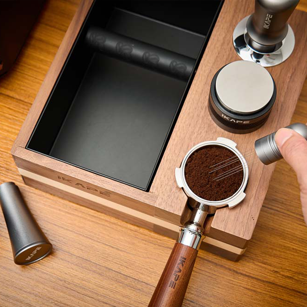 IKAPE V1 organizer viewed from above with espresso tools