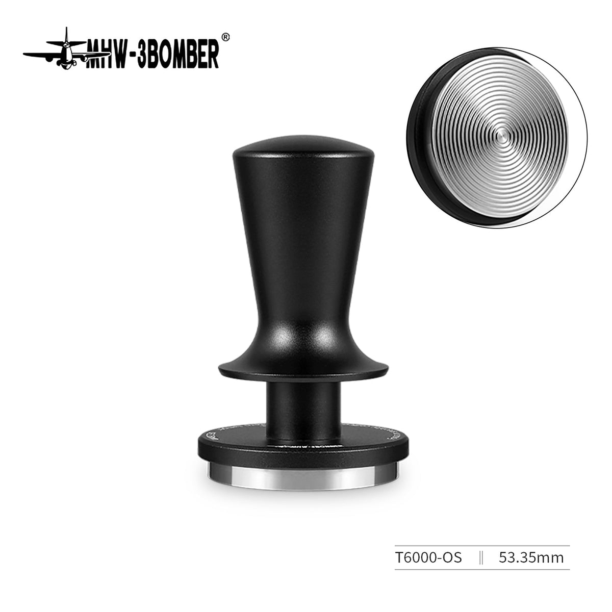 MHW-3BOMBER CD patterned tamper, supplier-labelled T6000-OS 53.35 mm with underside detail inset