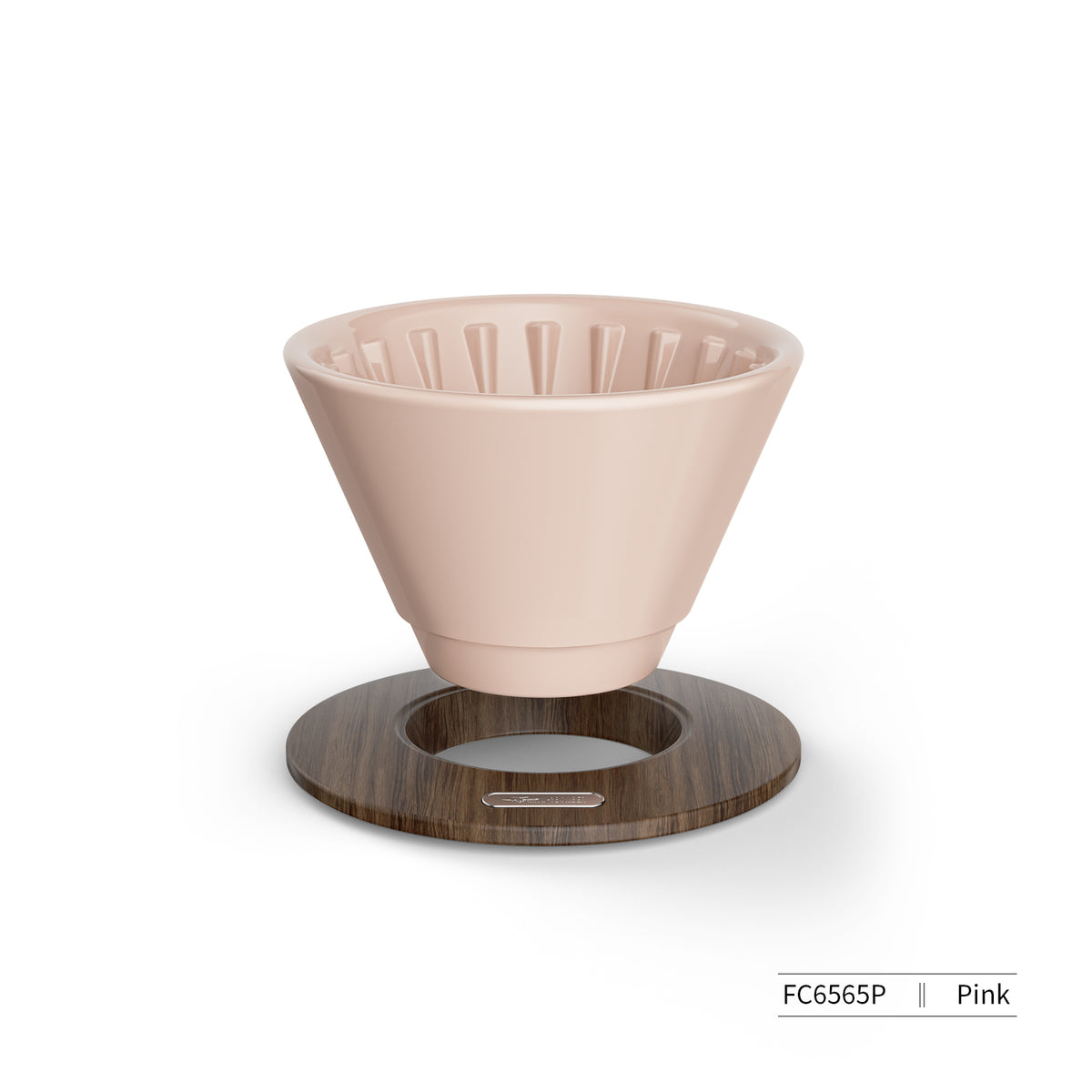MHW-3BOMBER FC6565P Meteor dripper in Lotus Pink with wooden support base, supplier labelled view
