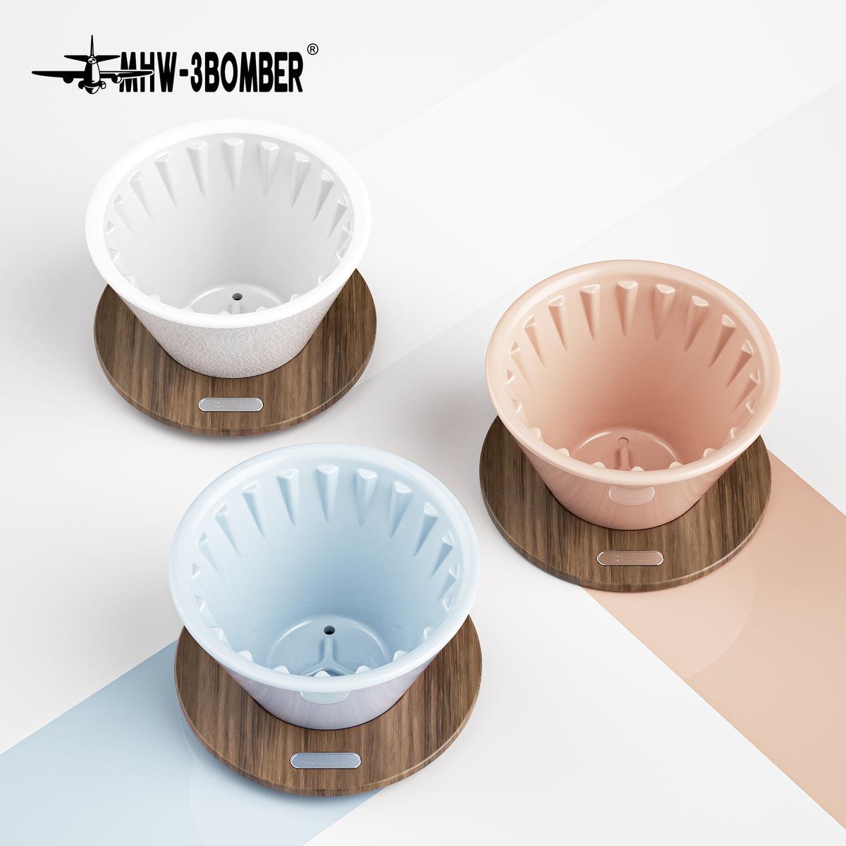 MHW-3BOMBER Lotus Pink dripper with white and blue family reference finishes on separate bases; other finishes not included