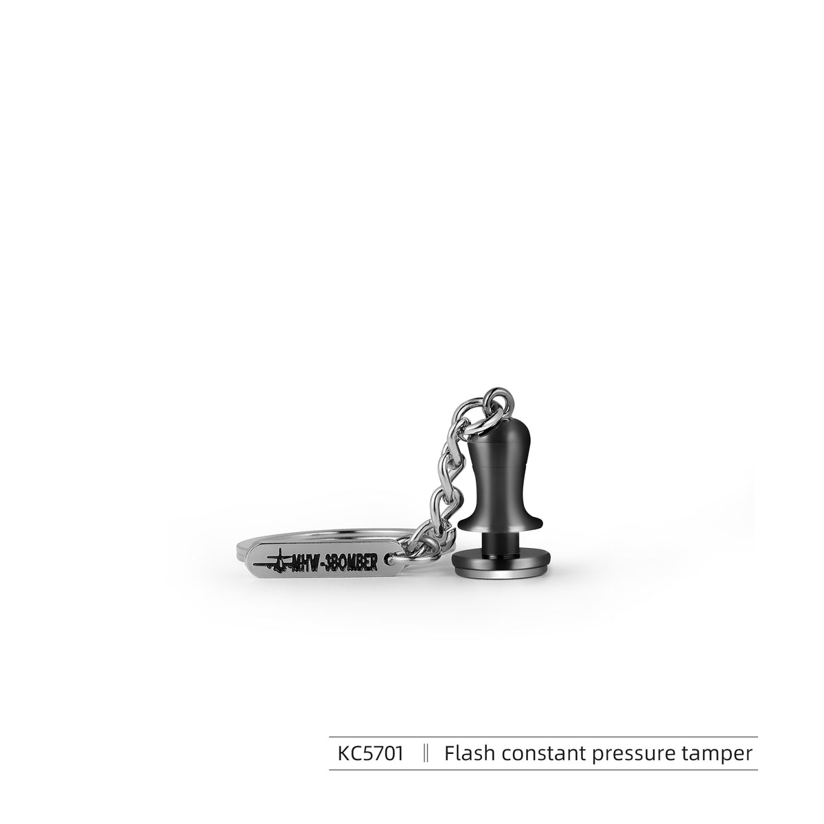MHW-3BOMBER KC5701 coffee keychain, tamper design, isolated view.