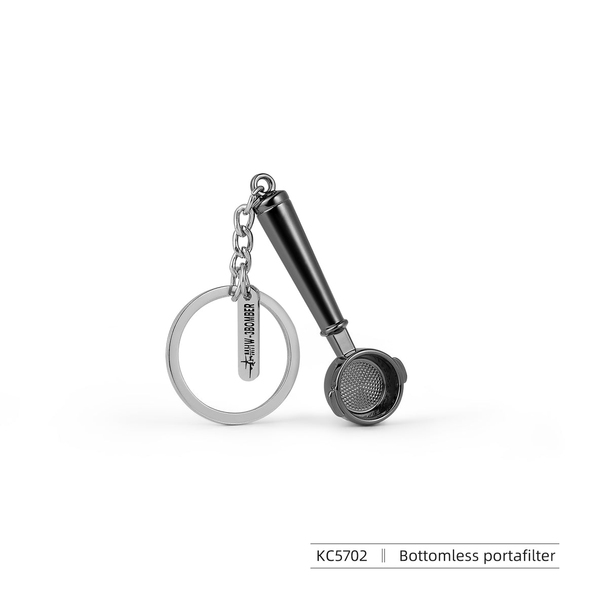 MHW-3BOMBER KC5702 coffee keychain, bottomless-portafilter design, isolated view.