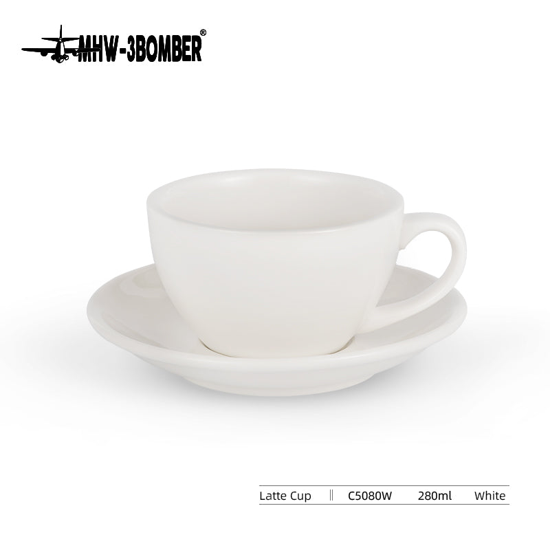 MHW-3BOMBER C5080W 280 ml latte cup in Beige White, shown with saucer