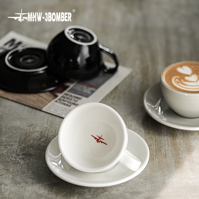 Overhead view of MHW-3BOMBER latte cup and saucer