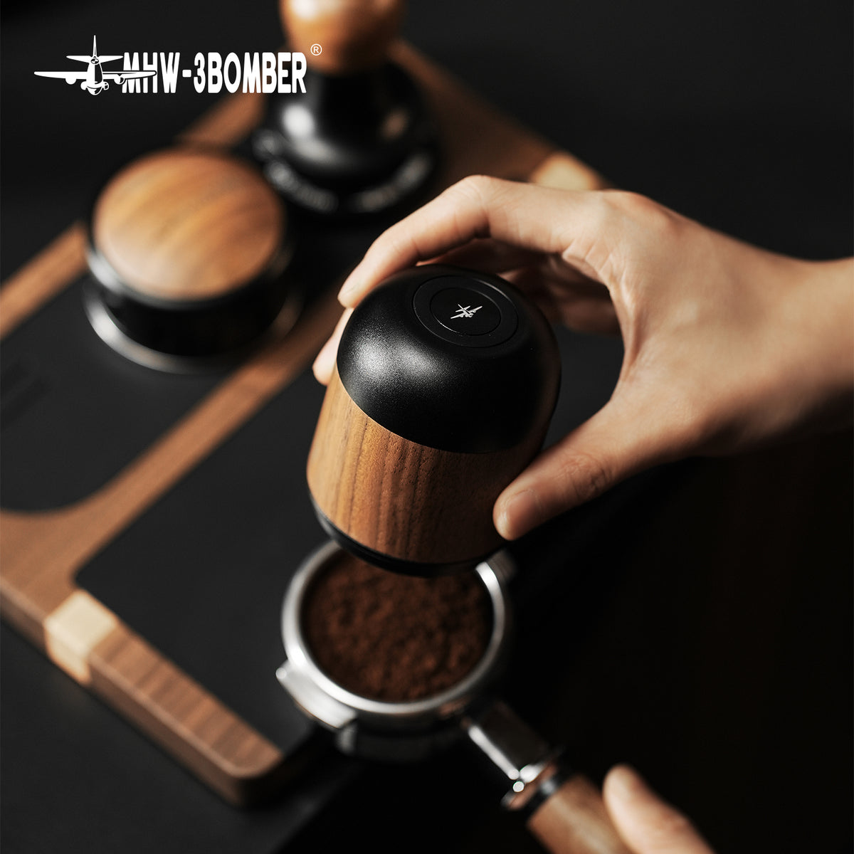 MHW-3BOMBER Nova Dosing Cup in use with a portafilter