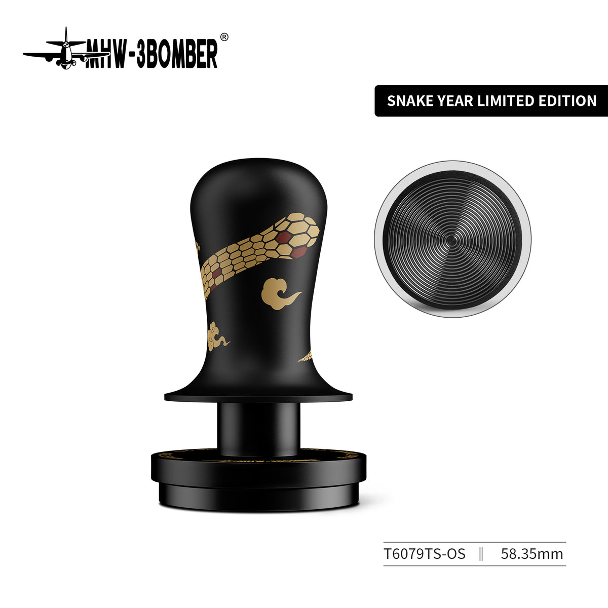 MHW-3BOMBER Calibrated Tamper 2.0 T6079TS, Snake artwork, 58.35 mm ripple base