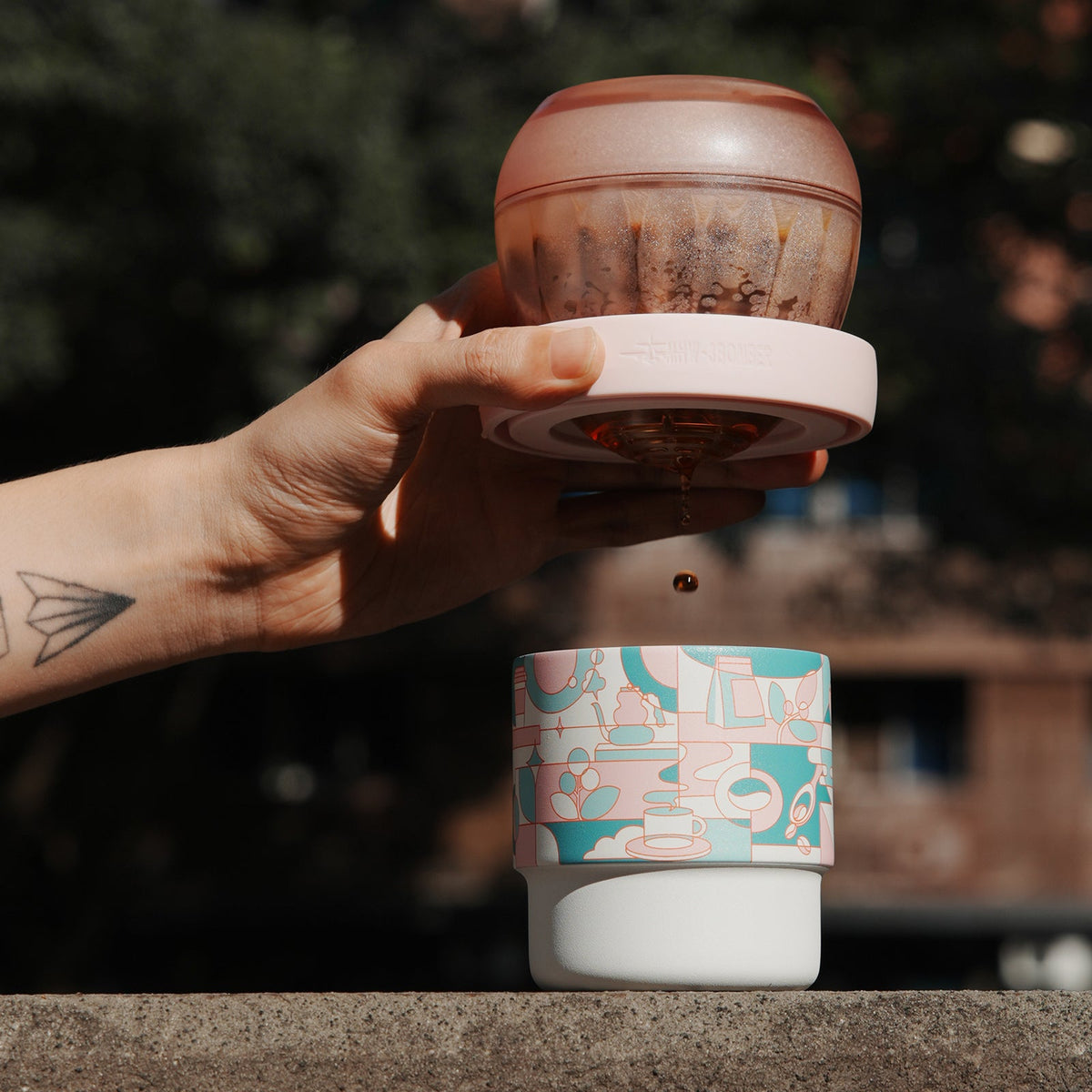 MHW-3BOMBER DW6908PG Pink Green Swirl Cup with coffee preparation equipment; equipment is a scene prop, not included or a compatibility guarantee