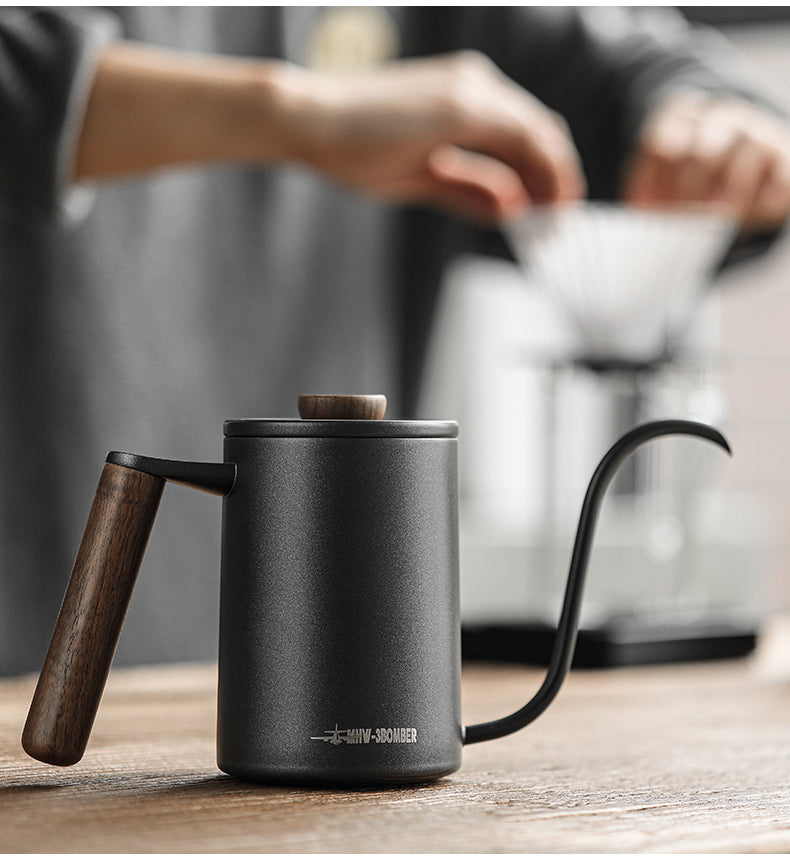 Planet black gooseneck kettle with wooden handle