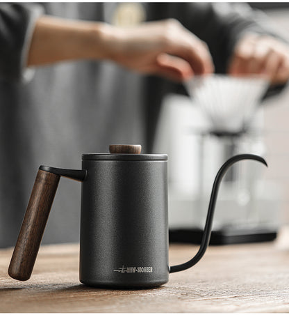 Planet black gooseneck kettle with wooden handle