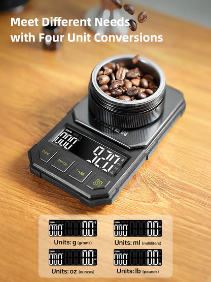 HiBREW black 1000g coffee scale — Black four-button scale holding a basket of beans; basket and beans excluded.