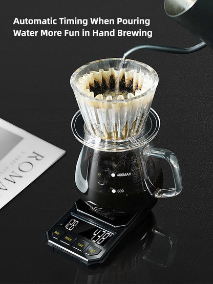 HiBREW black 1000g coffee scale — Black four-button scale with pour-over server and dripper; brewer, server and dripper excluded.