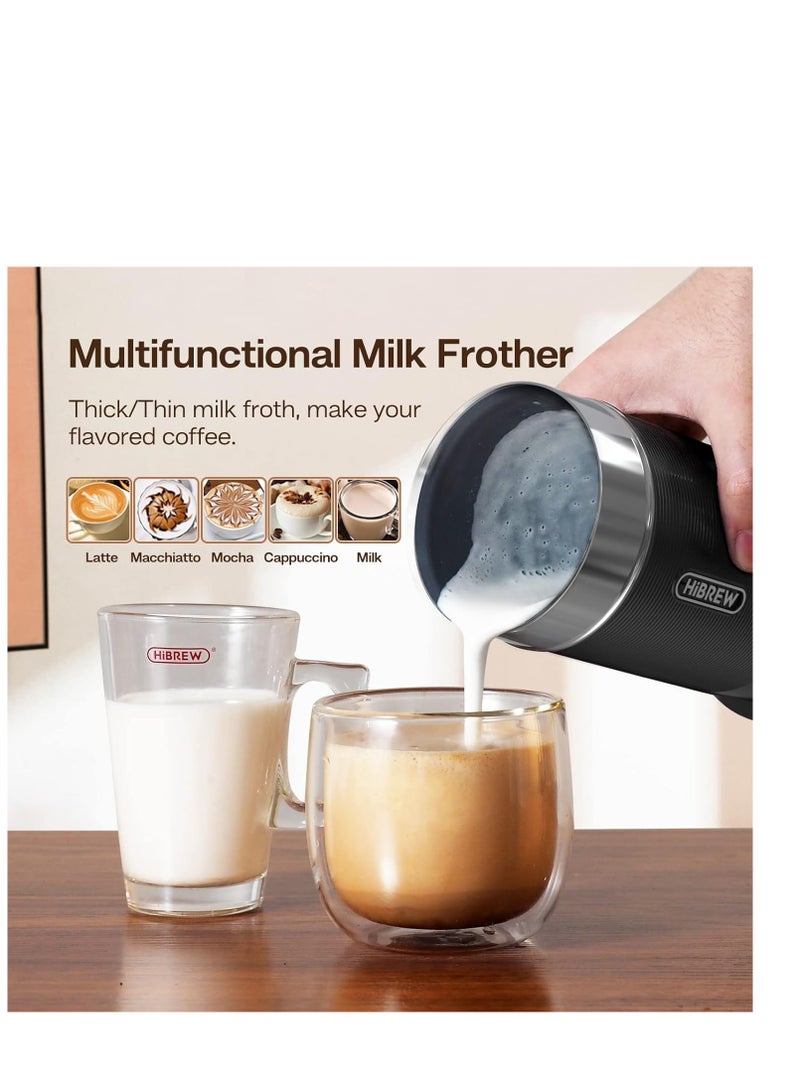 HiBREW M1A black ribbed milk frother pouring milk foam into coffee