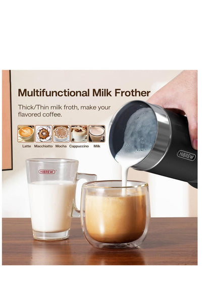 HiBREW M1A black ribbed milk frother pouring milk foam into coffee