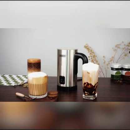 HiBREW M3A Silver milk frother with prepared drinks