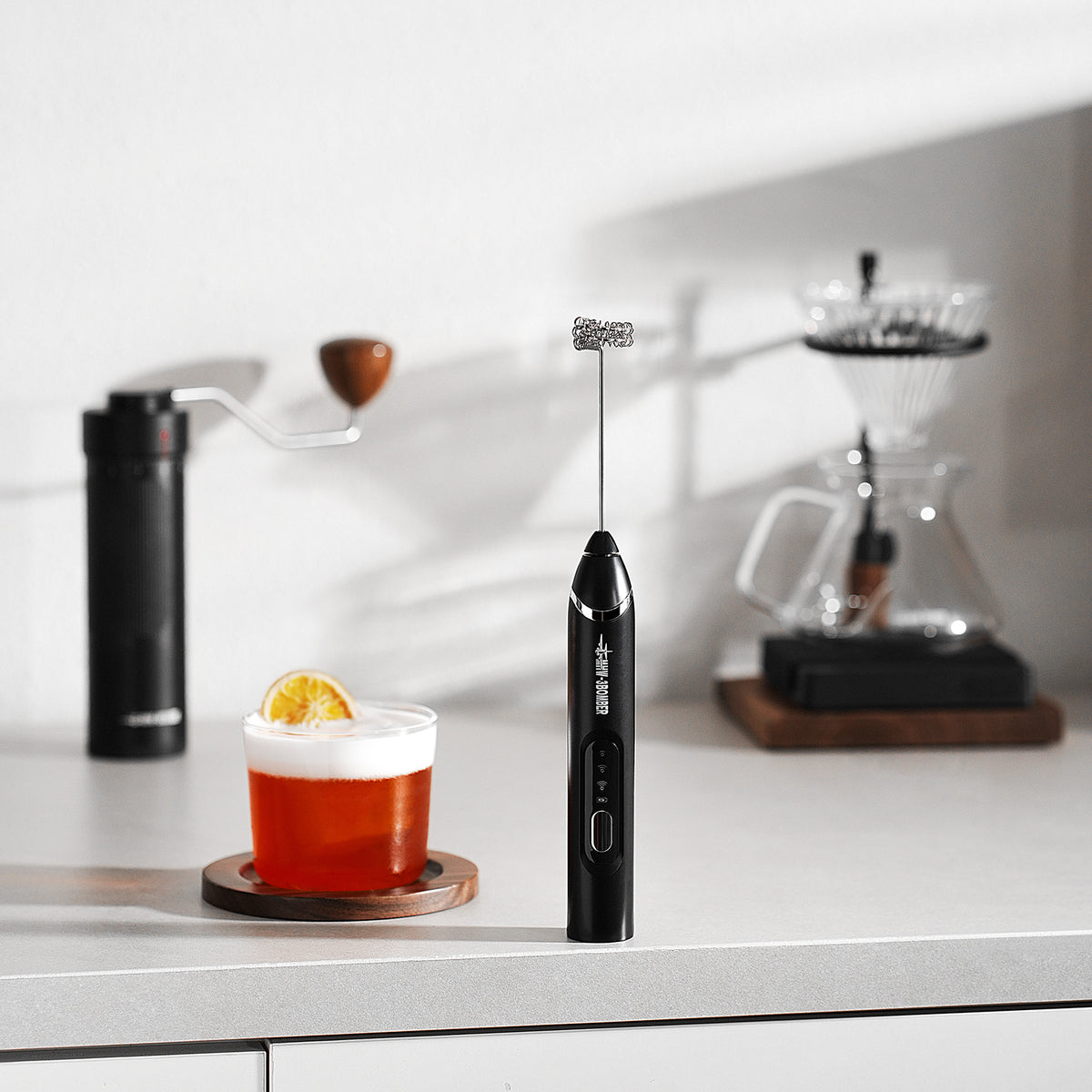 MHW-3BOMBER MF6793B black rechargeable handheld milk frother, distinct product photograph 1; scene accessories excluded